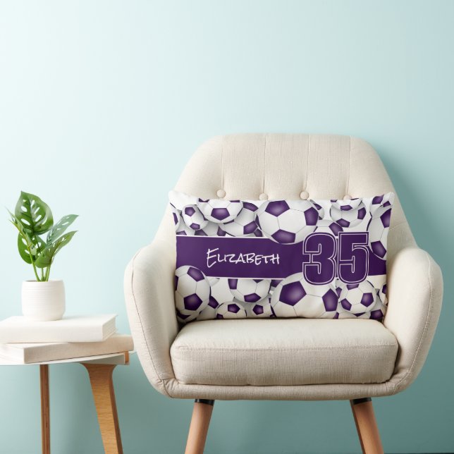Lots of soccer balls purple sports room decor lumbar pillow (Chair)