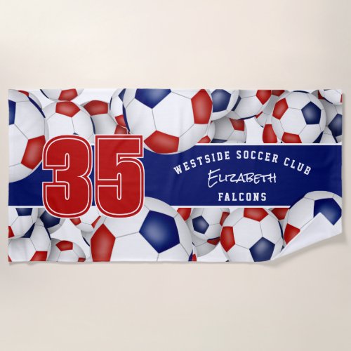 Lots of soccer balls red blue team colors gifts beach towel