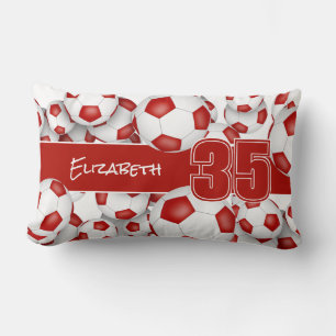 Lots of soccer balls red sports room decor lumbar pillow