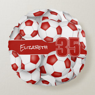 Lots of soccer balls red sports team colors round pillow