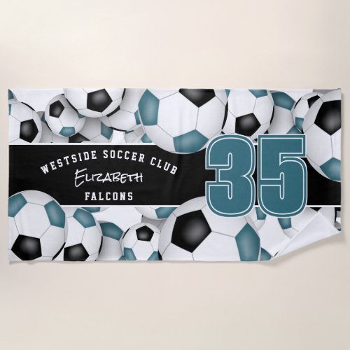Lots of soccer balls teal black team colors gifts beach towel