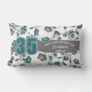 Lots of soccer balls teal gray soccer club colors lumbar pillow