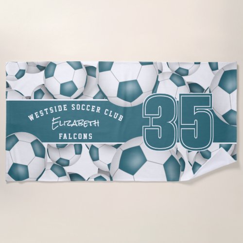 Lots of soccer balls teal white team colors beach towel