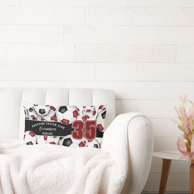 Lots of soccer balls team spirit gift maroon black lumbar pillow (Couch)
