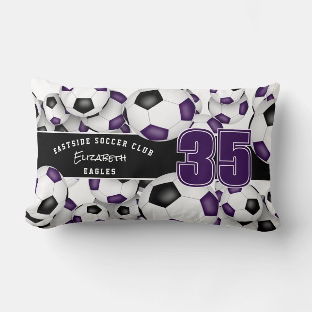 Lots of soccer balls team spirit gift purple black lumbar pillow (Front)
