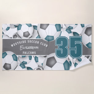 Lots of soccer balls team spirit teal gray beach towel