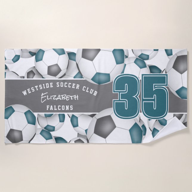 Lots of soccer balls team spirit teal gray beach towel (Front)