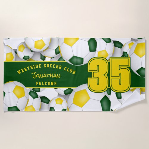 green gold sports team colors soccer balls pattern beach towel