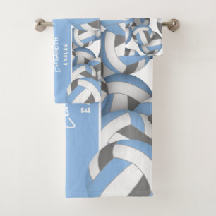 Lots of volleyballs athlete name light blue gray bath towel set