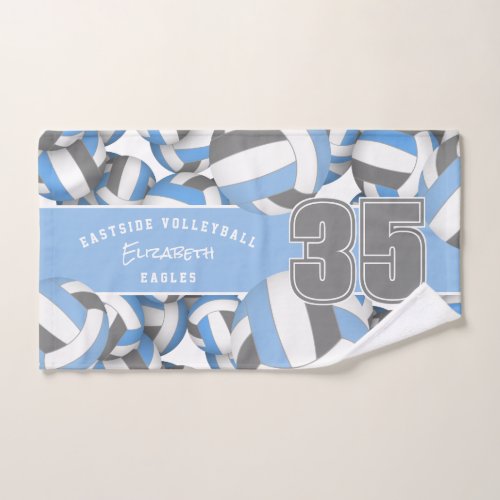 Lots of volleyballs athlete name light blue gray hand towel 