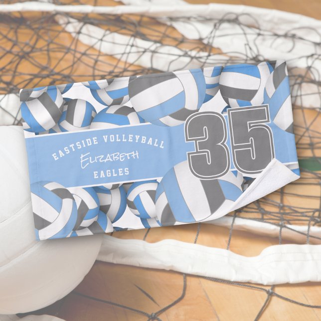 Lots of volleyballs athlete name light blue gray hand towel  (Creator Uploaded)