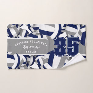 Lots of volleyballs athlete name navy blue gray hand towel 