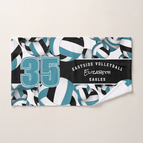 Lots of volleyballs custom player name teal black hand towel 