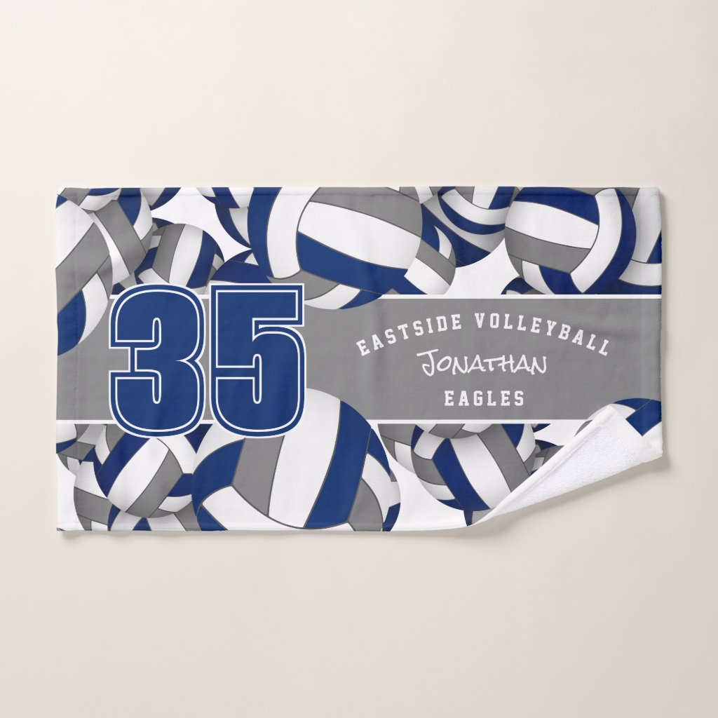 Lots of volleyballs custom player name blue gray hand towel