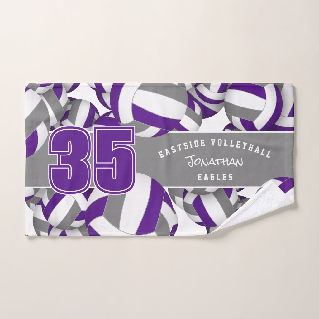 Lots of volleyballs purple gray team colors hand towel