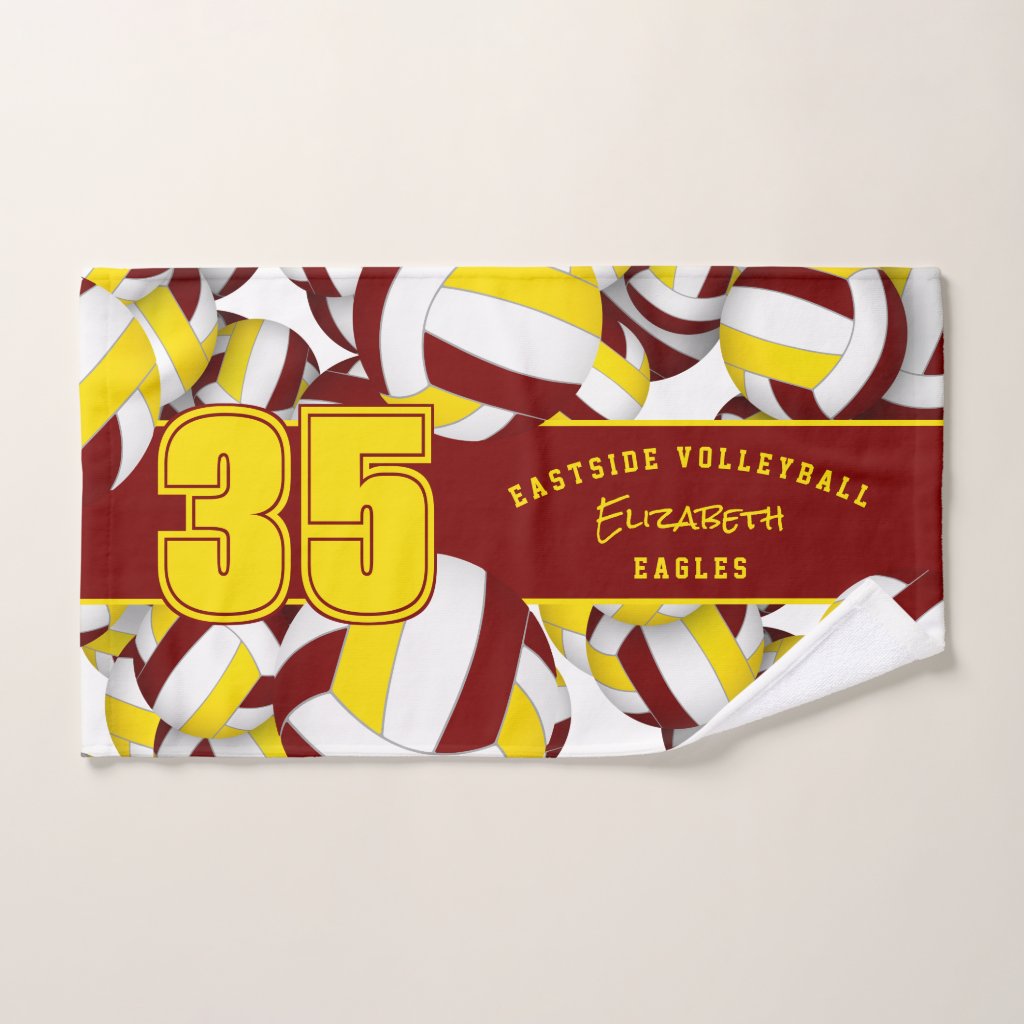 Lots of volleyballs sports team gifts maroon gold hand towel