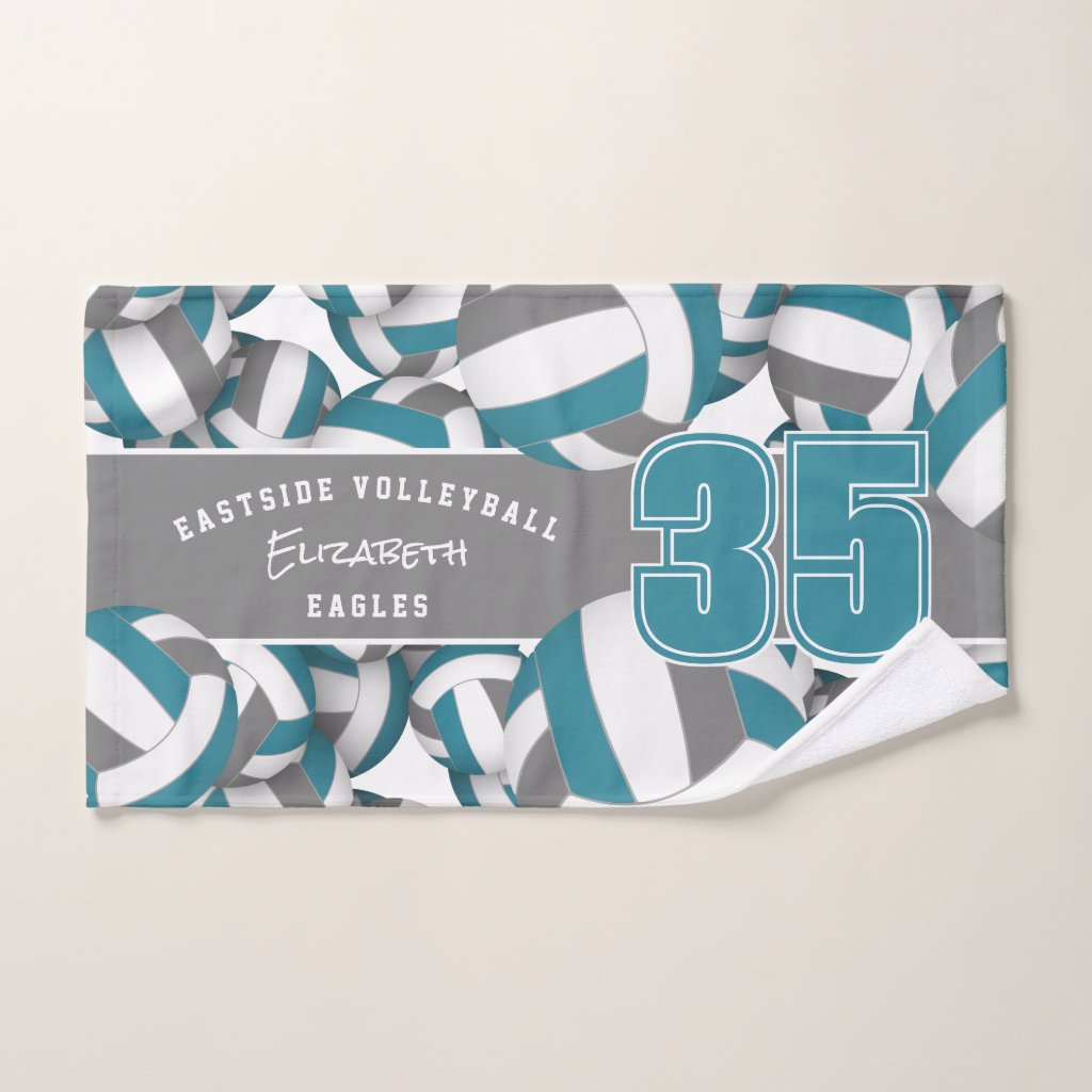 Lots of volleyballs team name teal gray hand towel