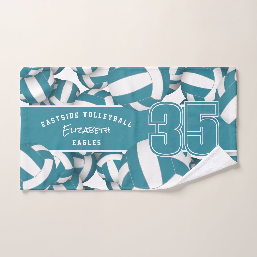 Lots of volleyballs team name teal white hand towel
