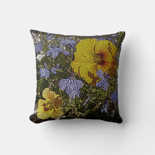 lots of yellow blue and white flowers contempory throw pillow