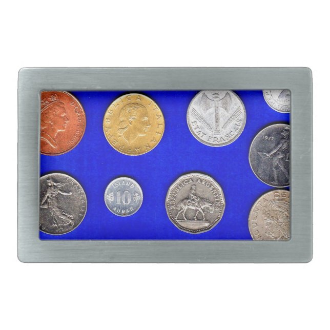 lotsa old foreign coins rectangular belt buckle (Front)
