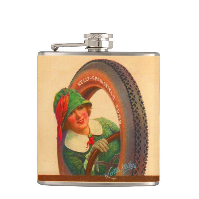 Lotta Miles no. 1- 1920s Kelly-Springfields tire m Hip Flask (Front)