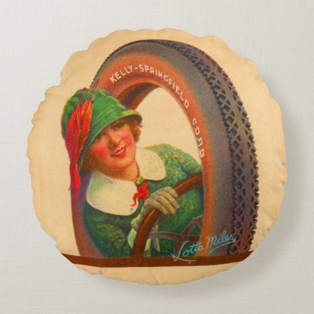 Lotta Miles no. 1- 1920s Kelly-Springfields tire m Round Pillow (Front)