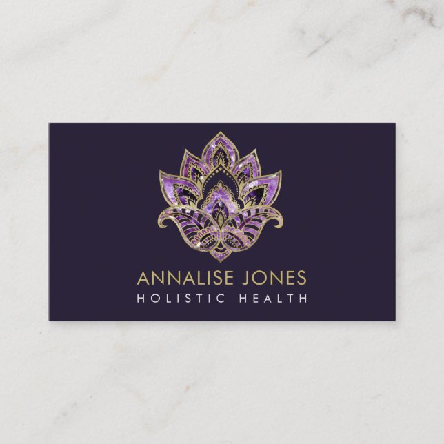 Lotus - Amethyst texture and Gold decorated Business Card (Front)