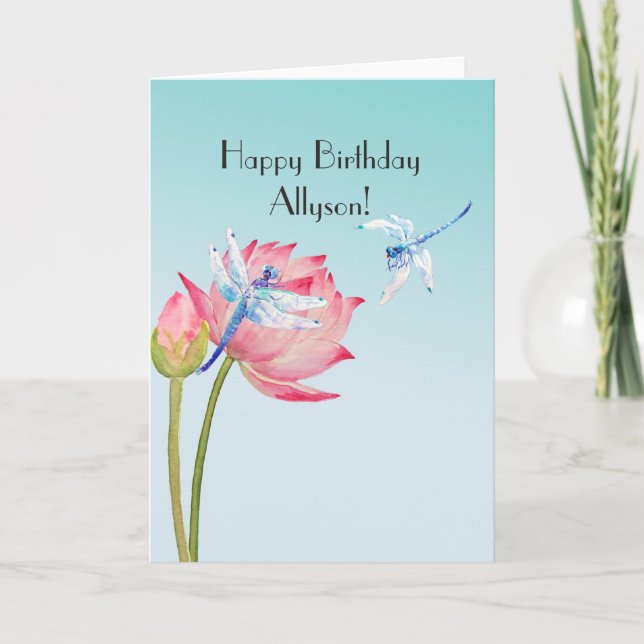 Lotus and Dragonflies Birthday Card (Front)