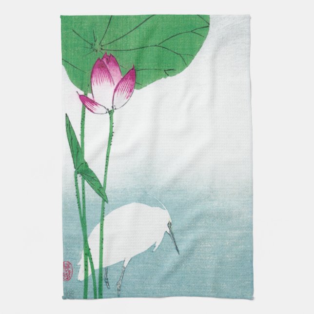 Lotus and White Heron, Koson, Ukiyo-e Towel (Vertical)