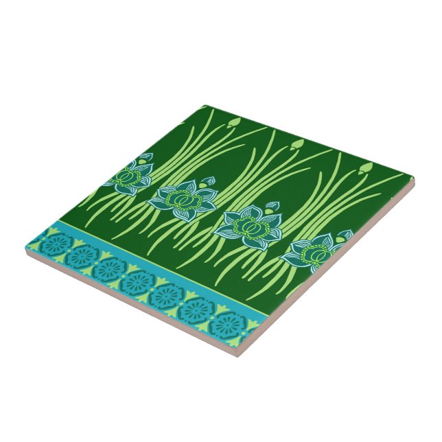 LOTUS, ART NOUVEAU FLORAL: BLUE GREEN SCENE TILE (Side)