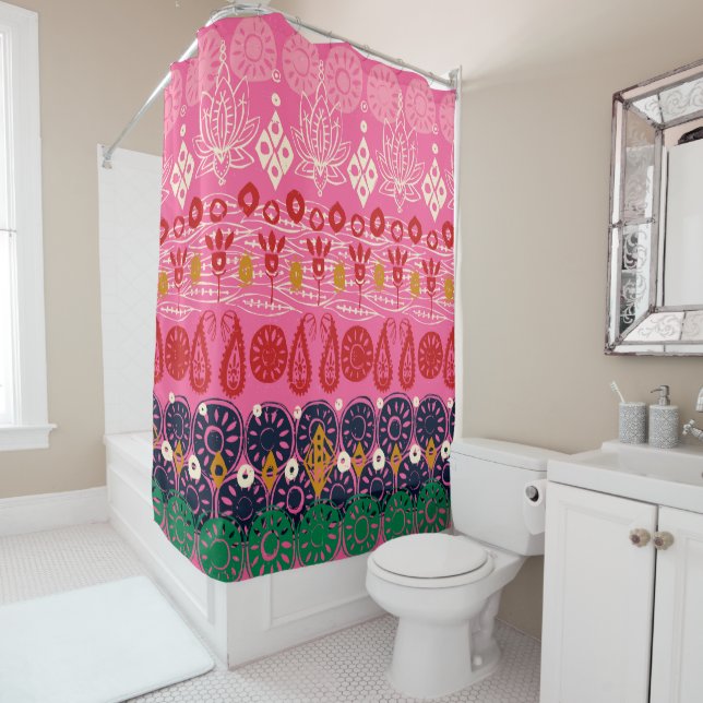 lotus block pink shower curtain (In Situ)