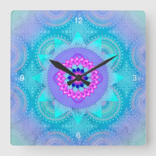 Lotus Bloom Turquoise Mandala ID129 Square Wall Clock