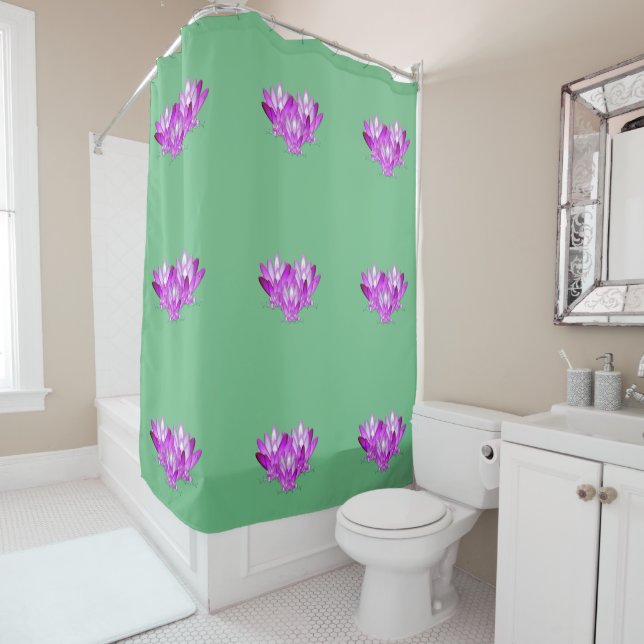 Lotus blossom pink on sea green background shower curtain (In Situ)
