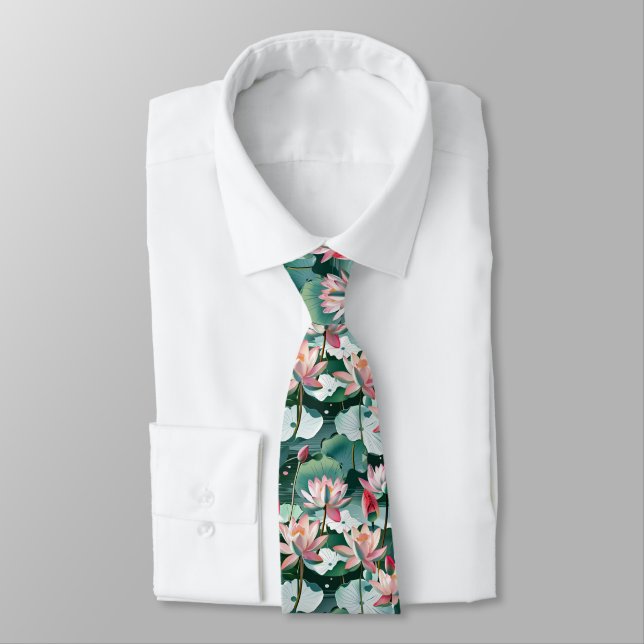 Lotus Blossoms & Lily Pads Seamless Elegant Floral Neck Tie (Tied)