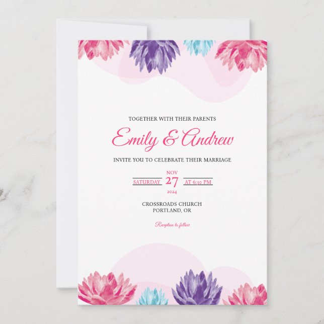 Lotus Border Elegant Floral Watercolor Wedding Invitation (Front)