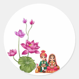 Lotus, bride and groom picture classic round sticker