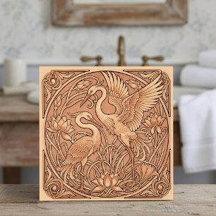 Lotus & Crane Art Nouveau Pat#8 Terra Cotta ID1193 Ceramic Tile