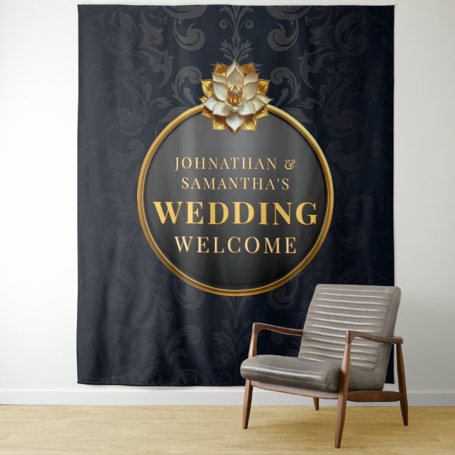 Lotus Damask Wedding Photo Backdrop signage (In Situ)