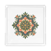 Lotus Dharma Wheel Mandala Acrylic Serving Tray