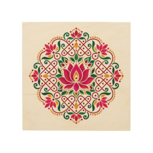 Lotus Diya Kolam Rangoli Indian Festive Floral Wood Wall Art