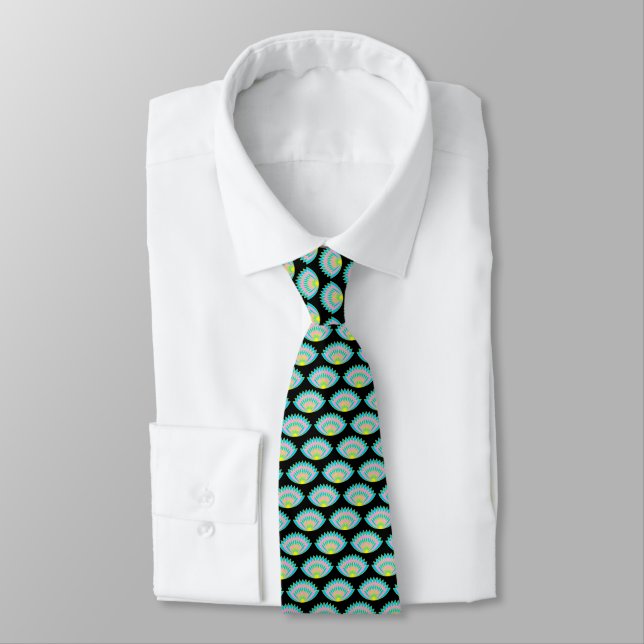 Lotus Fan Pattern - Black Neck Tie (Tied)