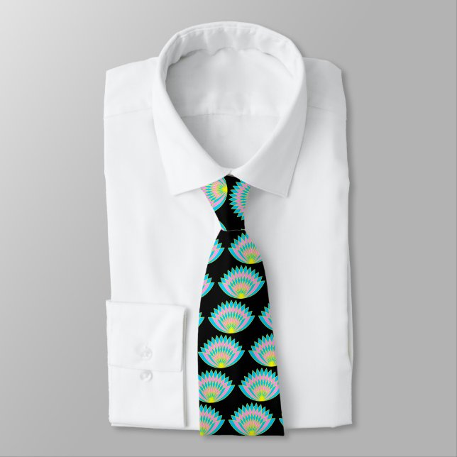 Lotus Fan Pattern - Black Neck Tie (Tied)