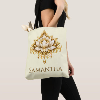 Lotus Floral gold ivory DIY name bridal Tote Bag