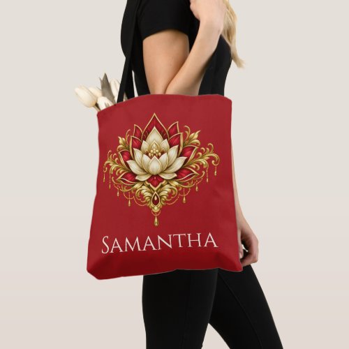 Lotus Floral maroon gold DIY name bridal Tote Bag