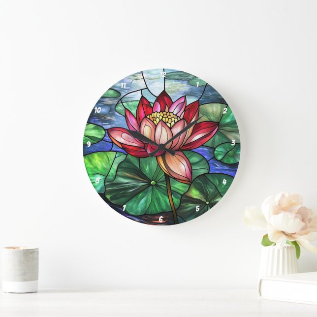 Lotus Floral Pond Stained Glass Large Clock (Home)