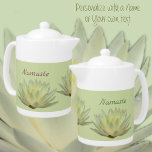 Lotus Floral Waterlily Botanical Pastel Green Teapot<br><div class="desc">A pastel yellow and green lotus waterlily adorns this chic photographic teapot. This is a beautiful serene and tranquil floral waterlily design inspired by Zen. The text may be personalized with a Name or your own text. This is original botanical flower photography by JLW_Photography.</div>