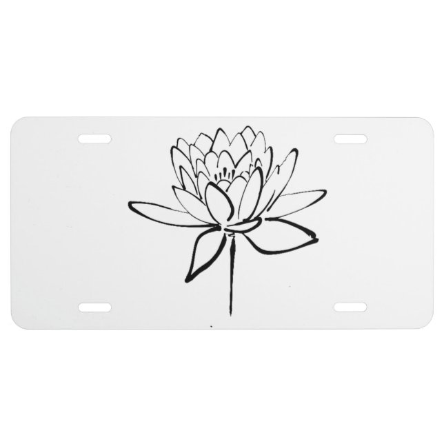 Lotus Flower Black and White Ink Drawing Art License Plate (Front)