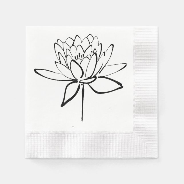 Lotus Flower Black and White Ink Drawing Art Napkins (Front)