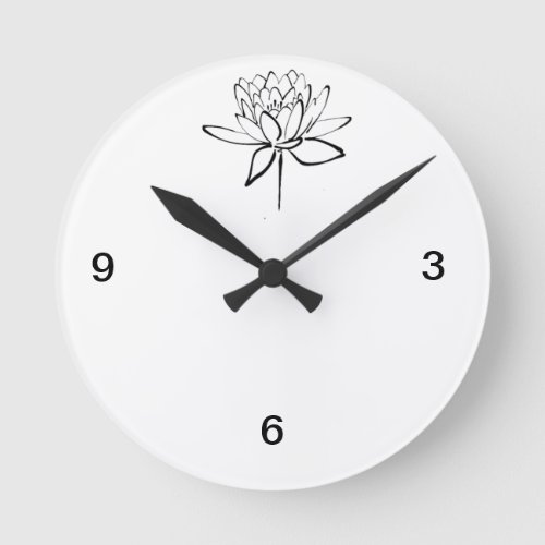 Lotus Flower Black and White Ink Drawing Art Round Clock