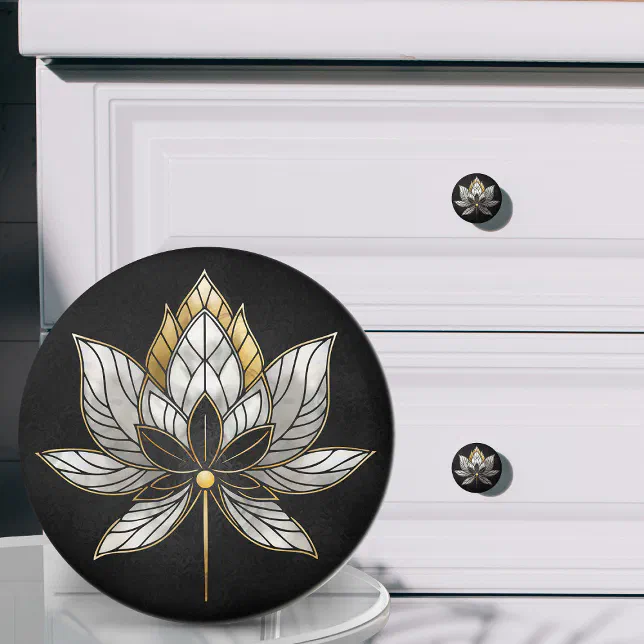Lotus Flower - Black, Pearl and Gold Ceramic Knob | Zazzle